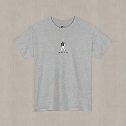 Gray t-shirt with a small graphic and text on a white background