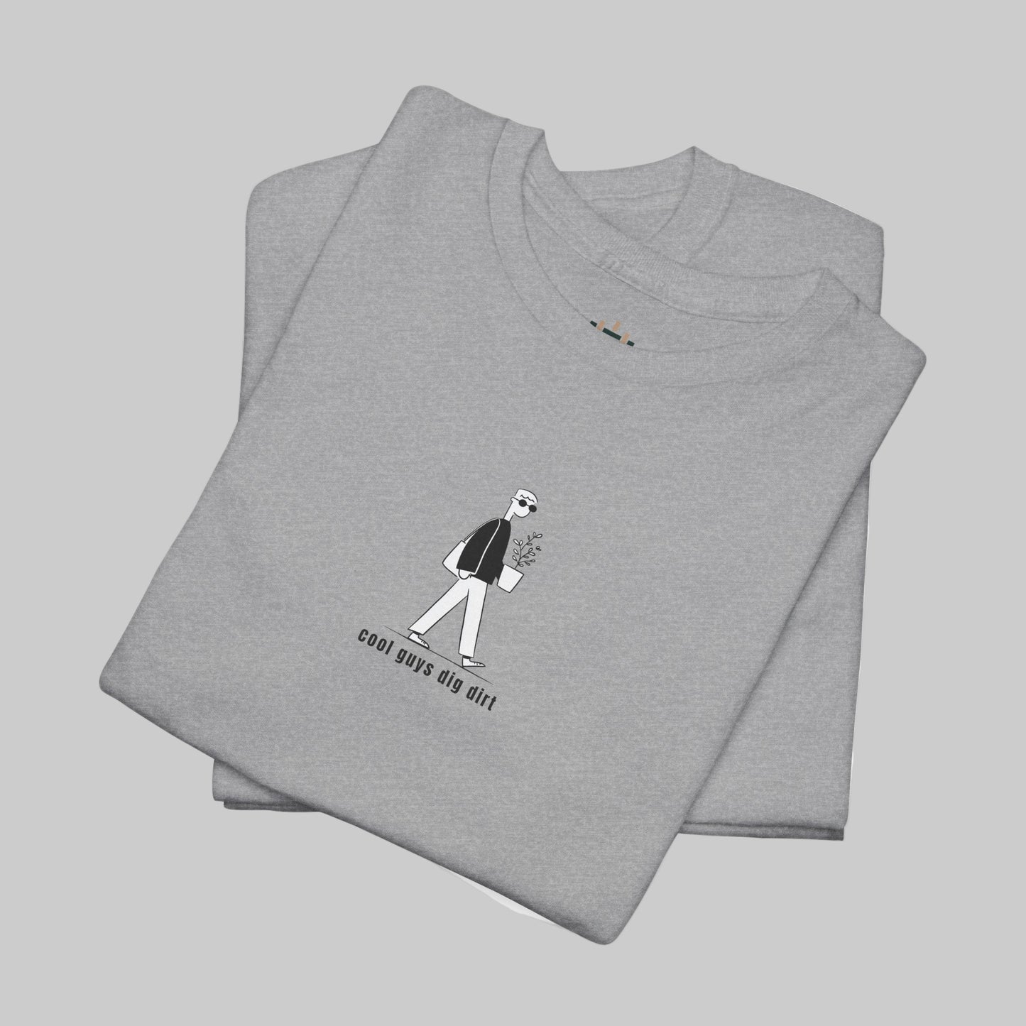 Folded gray t-shirt with a graphic design on a white background