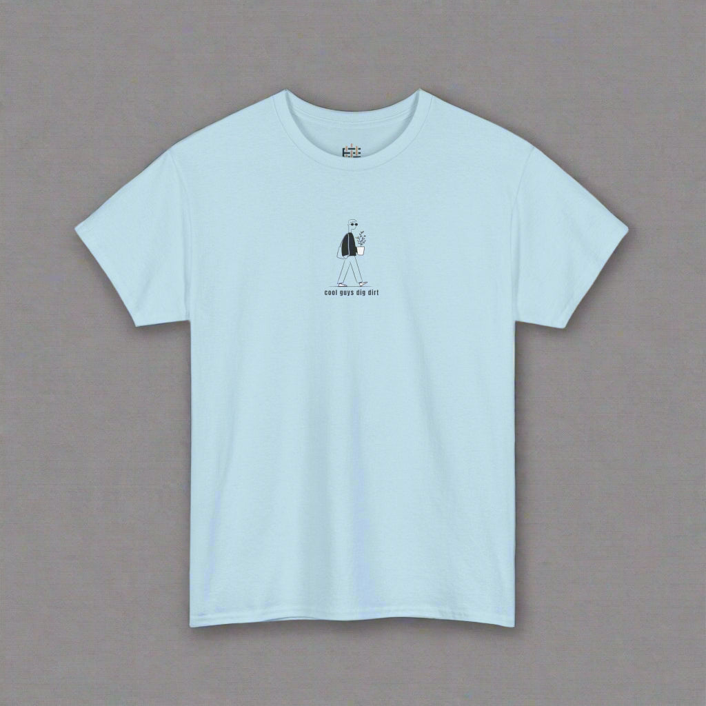 Light blue t-shirt with a small graphic and text on a white background