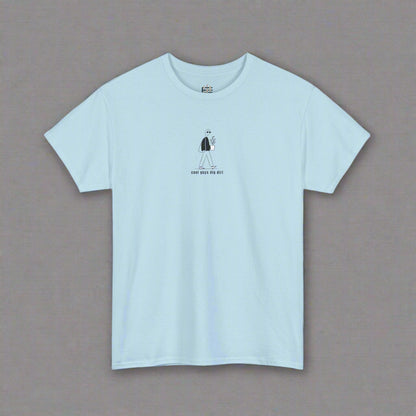 Light blue t-shirt with a small graphic and text on a white background