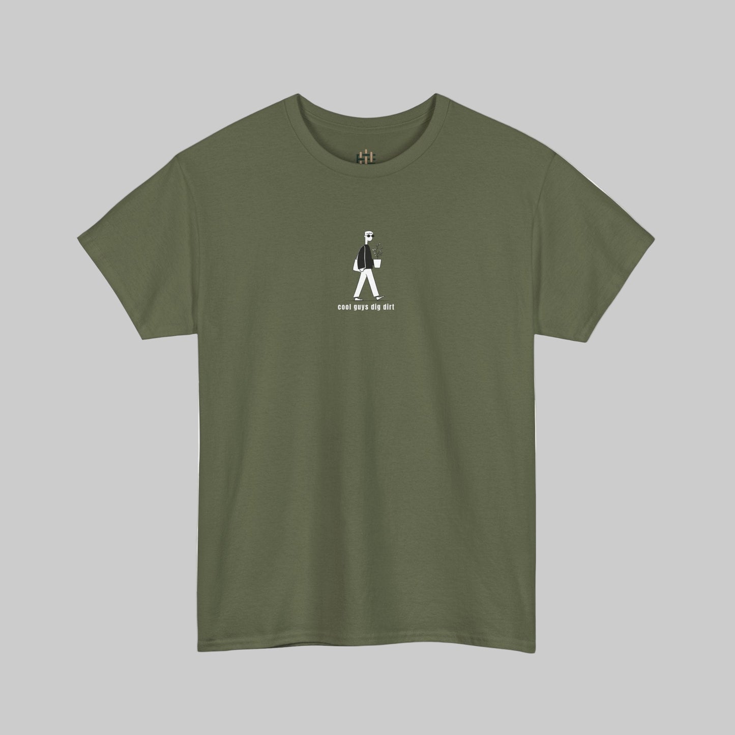 Green t-shirt with a white graphic on a white background