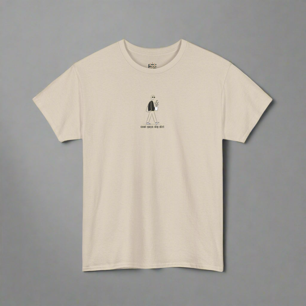 Beige t-shirt with a small graphic and text on a white background