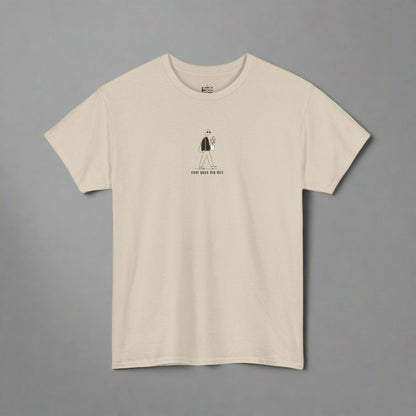 Beige t-shirt with a small graphic and text on a white background