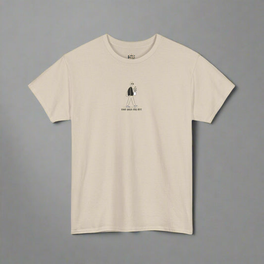 Beige t-shirt with a small graphic and text on a white background