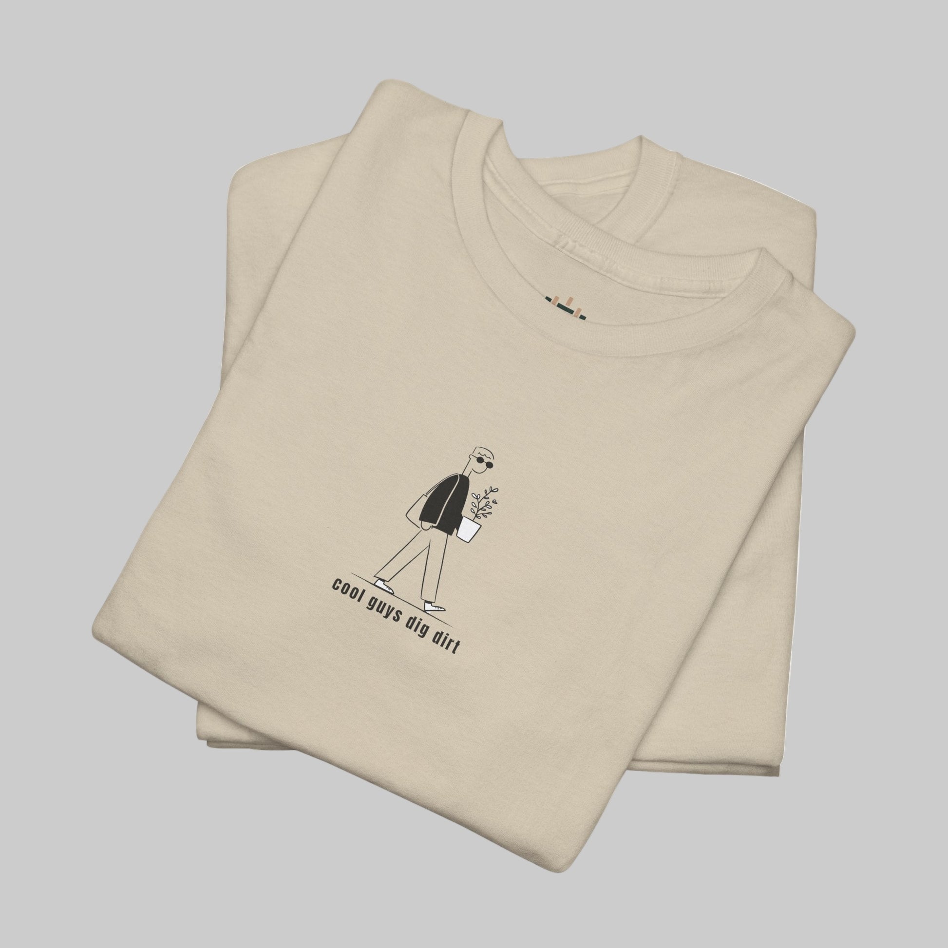 Beige t-shirt with a graphic design and text on a white background