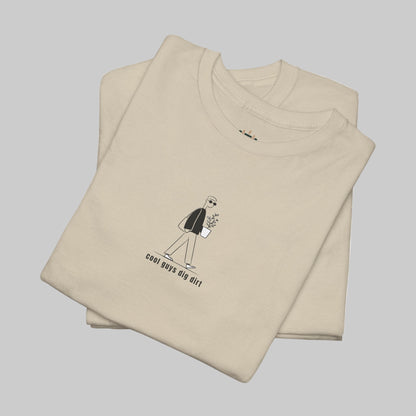 Beige t-shirt with a graphic design and text on a white background