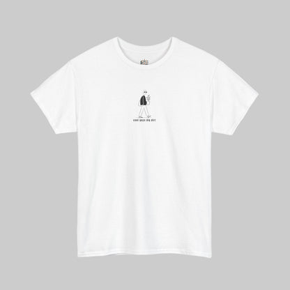 White t-shirt with a small black graphic on a white background