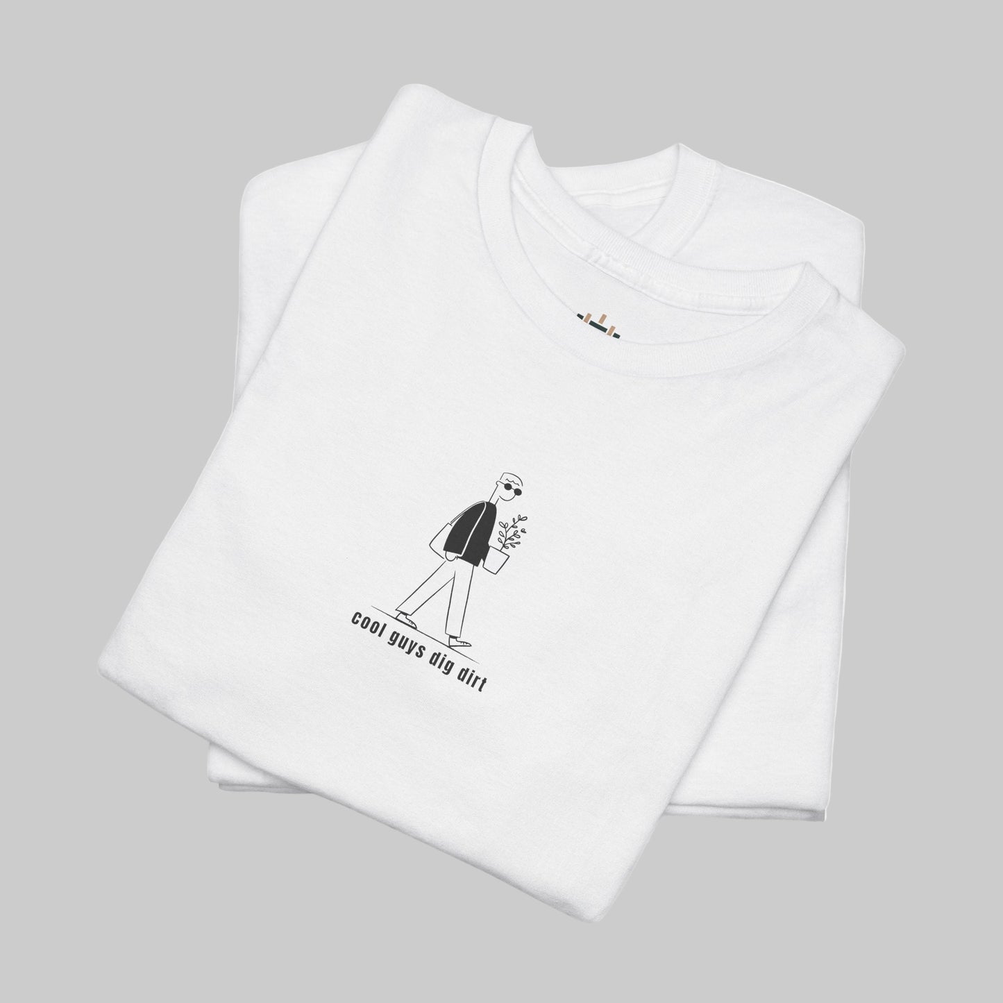 White t-shirt with a graphic design and text on a white background