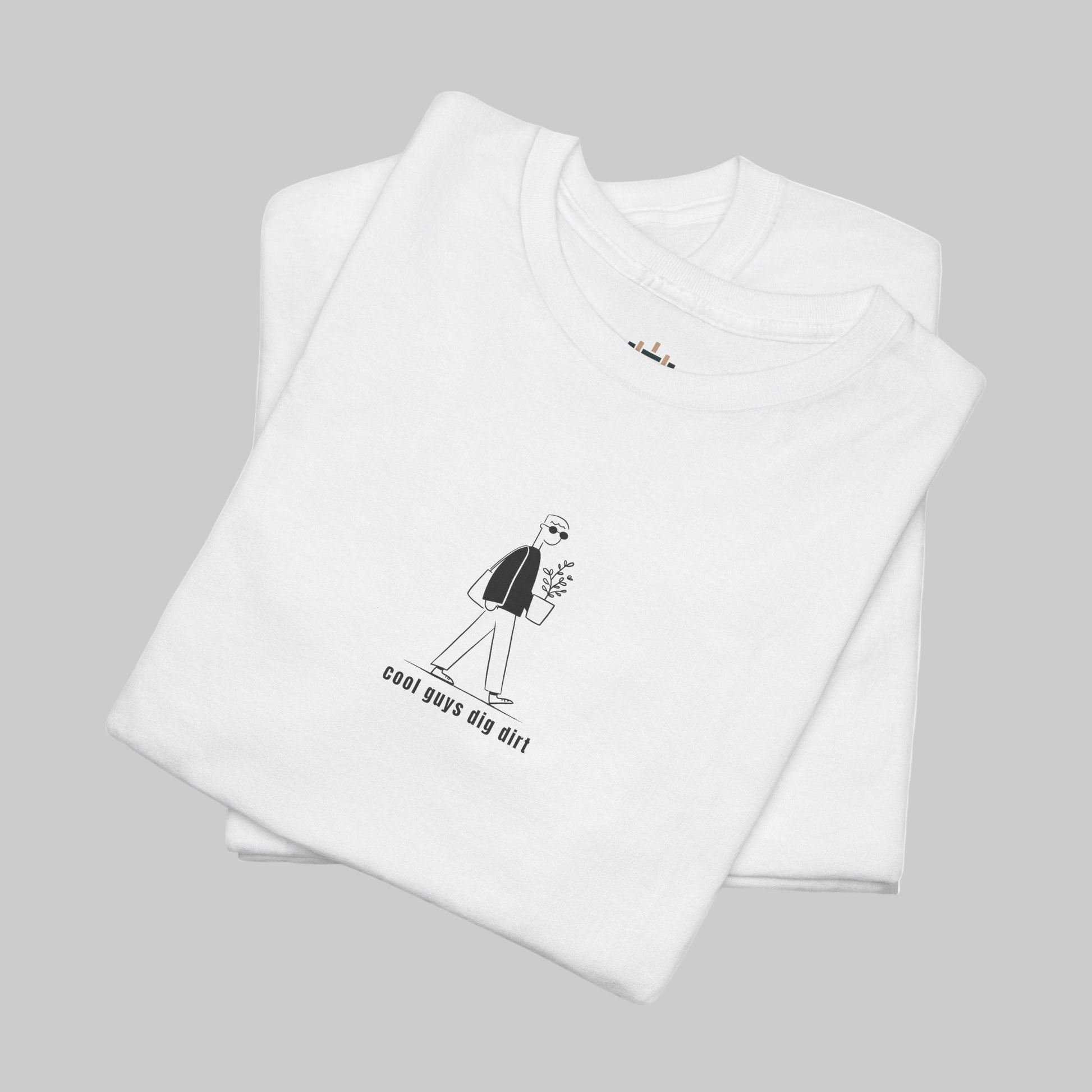White t-shirt with a graphic design and text on a white background