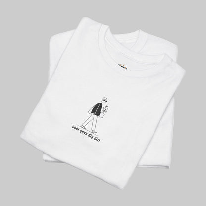 White t-shirt with a graphic design and text on a white background