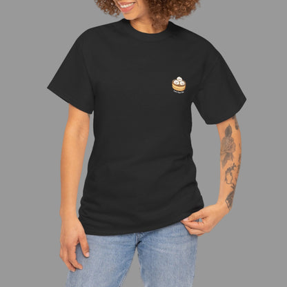 Person wearing a black t-shirt with a logo on a white background
