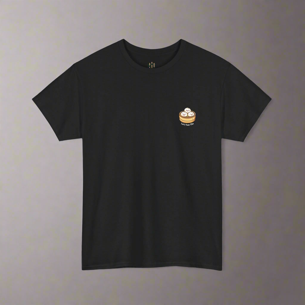 Black t-shirt with a small graphic on the chest against a white background