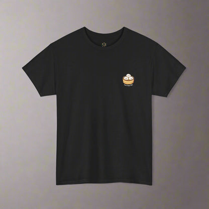 Black t-shirt with a small graphic on the chest against a white background