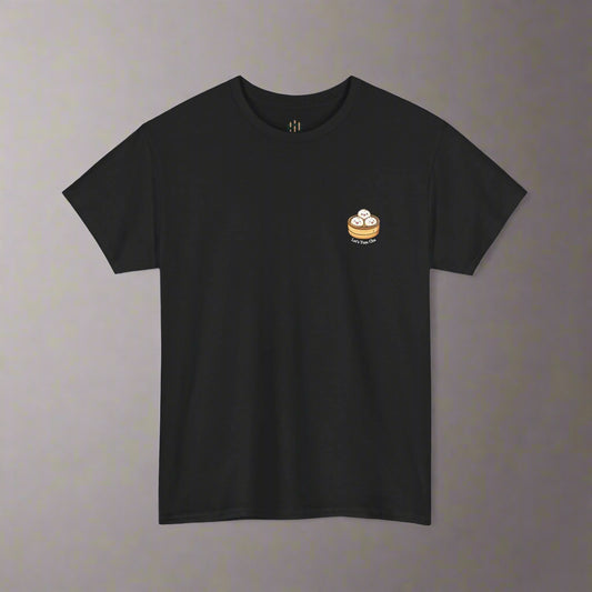 Black t-shirt with a small graphic on the chest against a white background