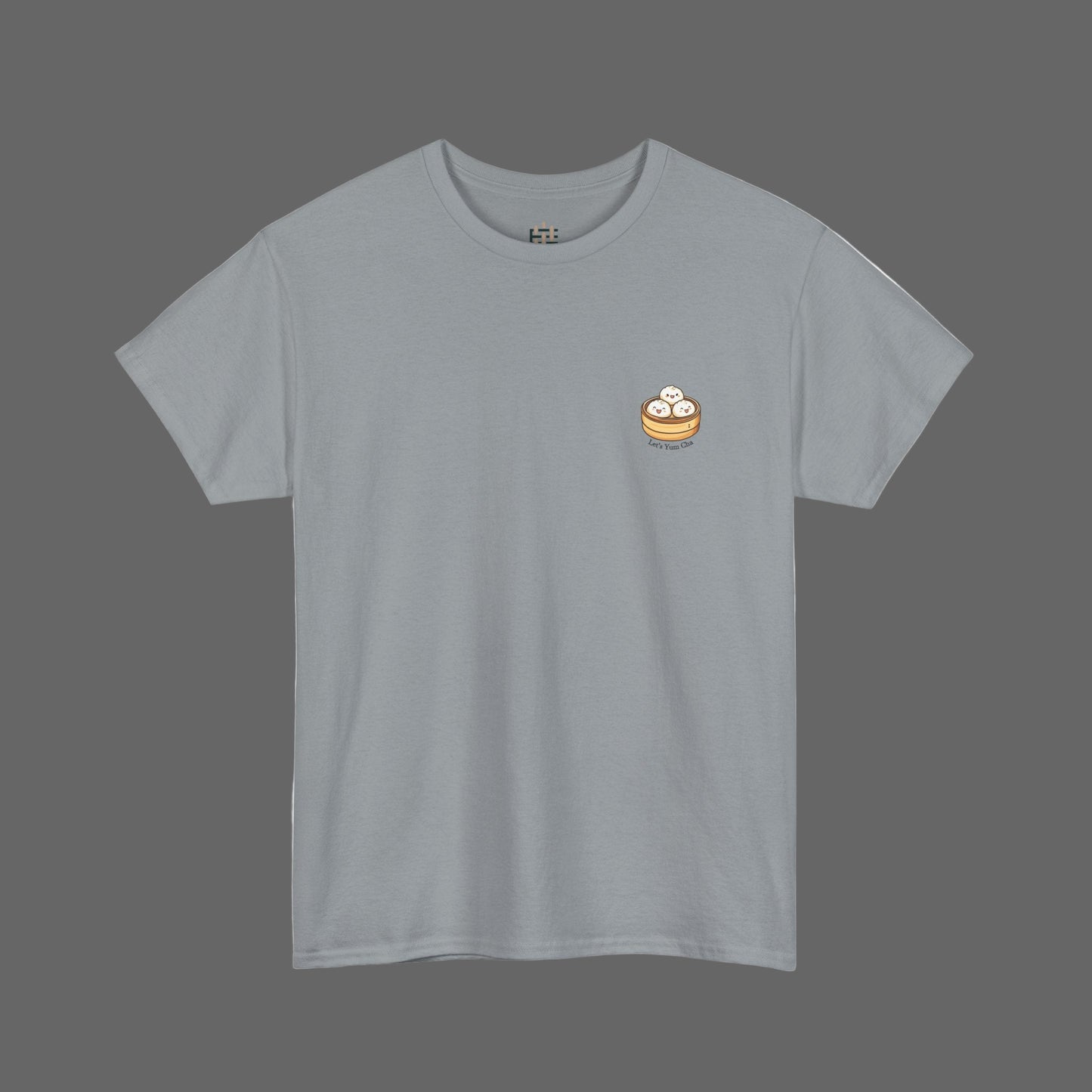 Gray t-shirt with a small graphic on the chest against a white background