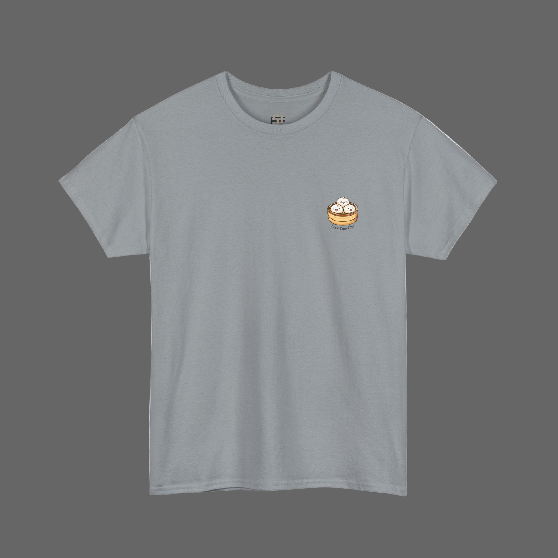 Gray t-shirt with a small graphic on the chest against a white background