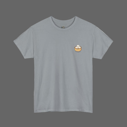 Gray t-shirt with a small graphic on the chest against a white background