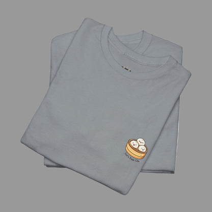 Folded gray t-shirt with a small logo on a white background