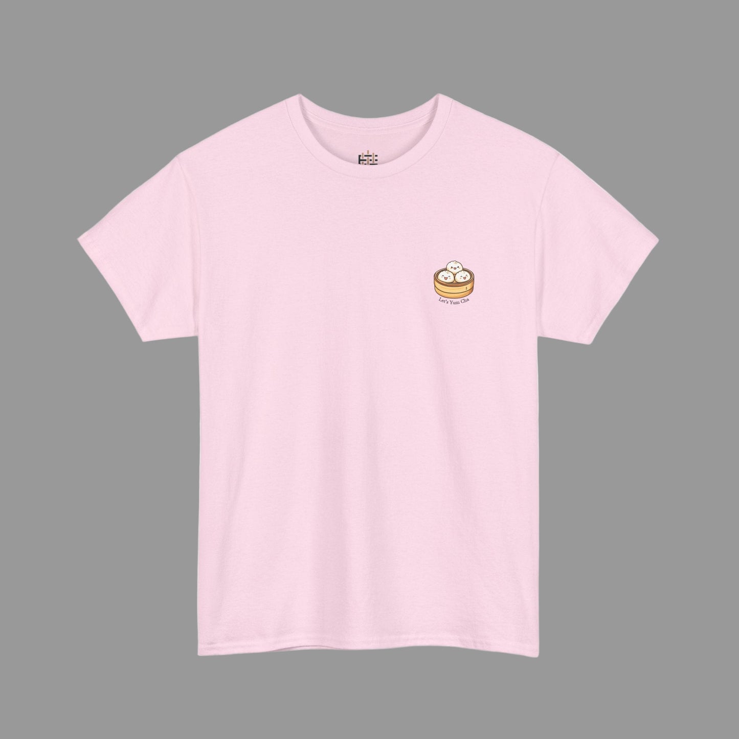 Pink t-shirt with a small graphic on the chest against a white background