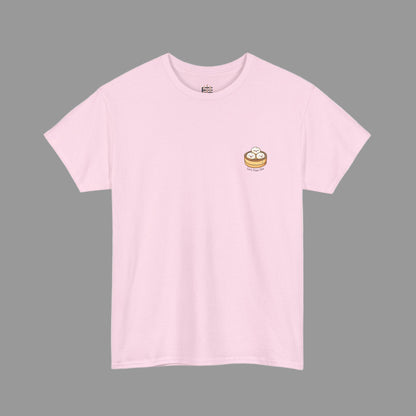 Pink t-shirt with a small graphic on the chest against a white background