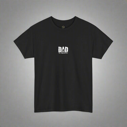 Black t-shirt with 'DAD' text on a white background