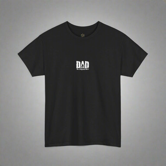 Black t-shirt with 'DAD' text on a white background