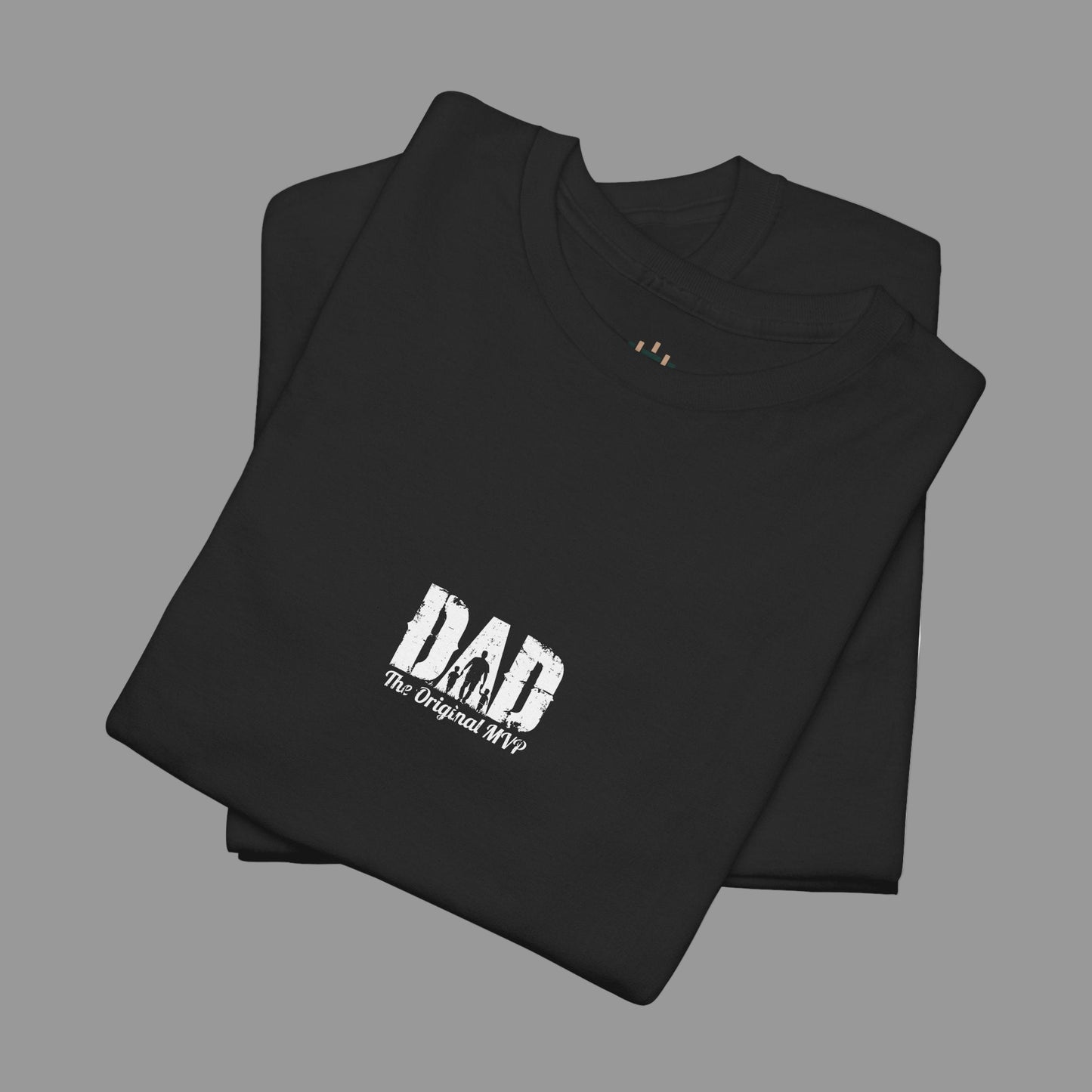 Black t-shirt with 'DAD The Original MVP' text on a white background