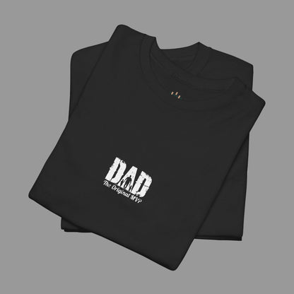 Black t-shirt with 'DAD The Original MVP' text on a white background