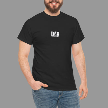 Man wearing a black t-shirt with a logo on a white background