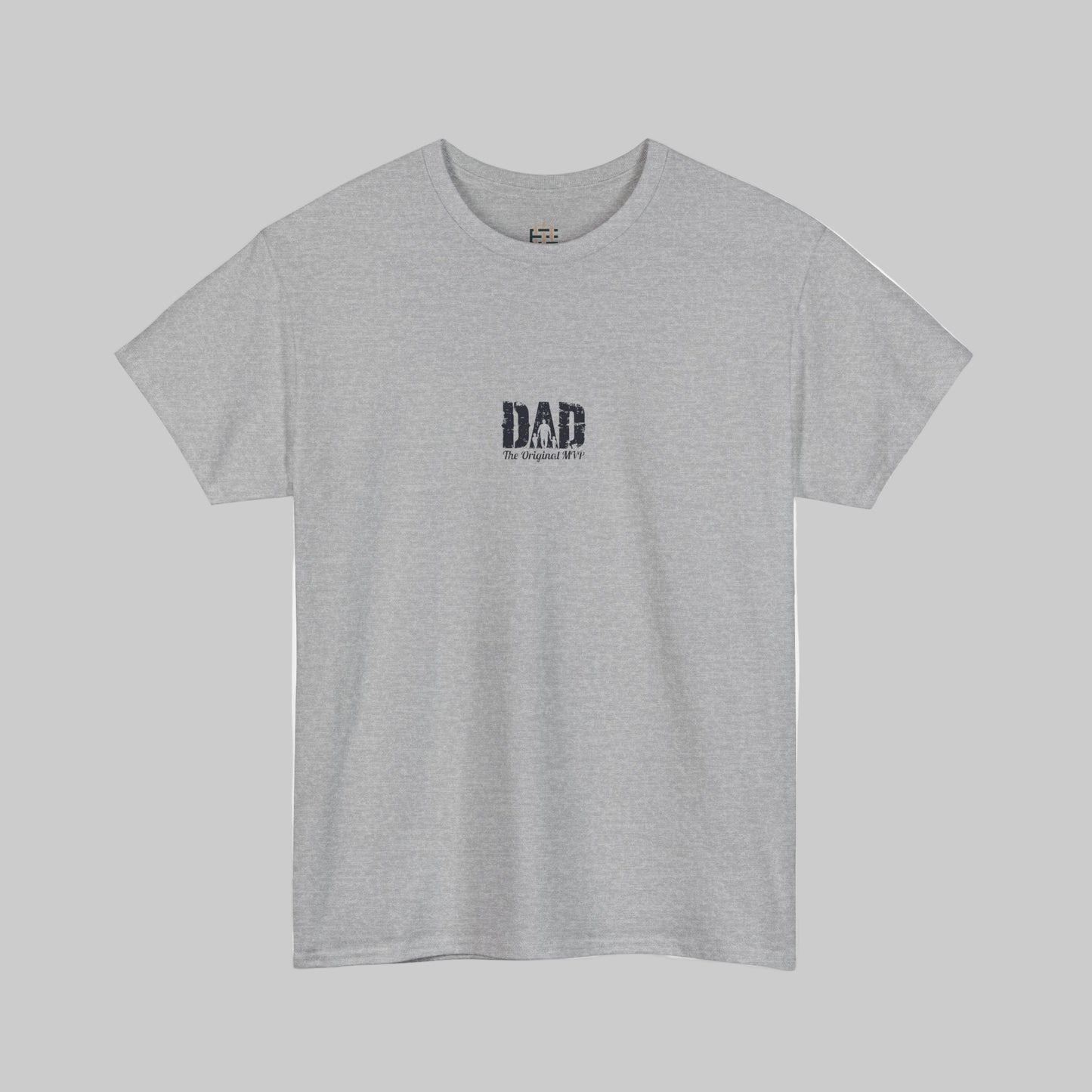 Gray t-shirt with 'DAD' text on a white background