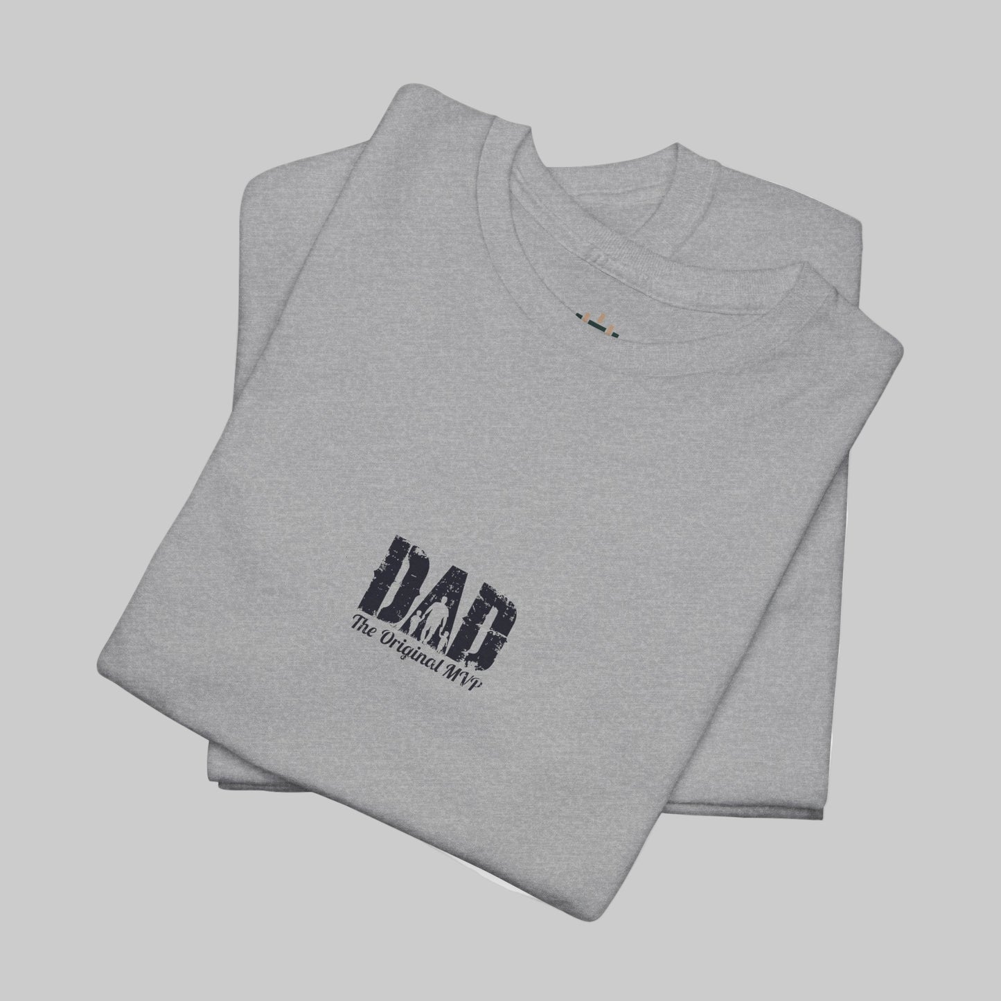 Folded gray t-shirt with 'DAD The Original MVP' text on a white background