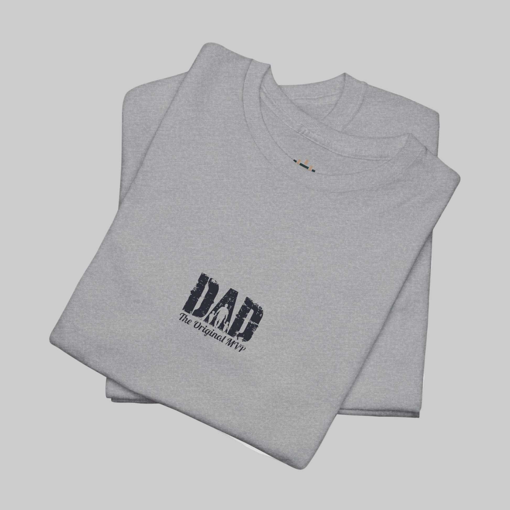 Folded gray t-shirt with 'DAD The Original MVP' text on a white background