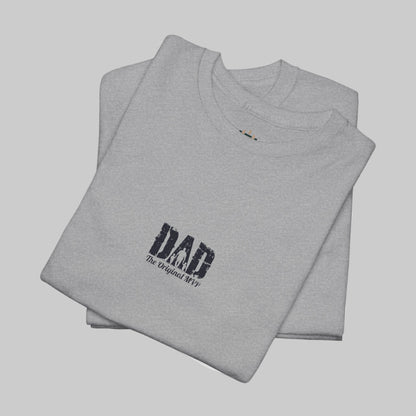 Folded gray t-shirt with 'DAD The Original MVP' text on a white background