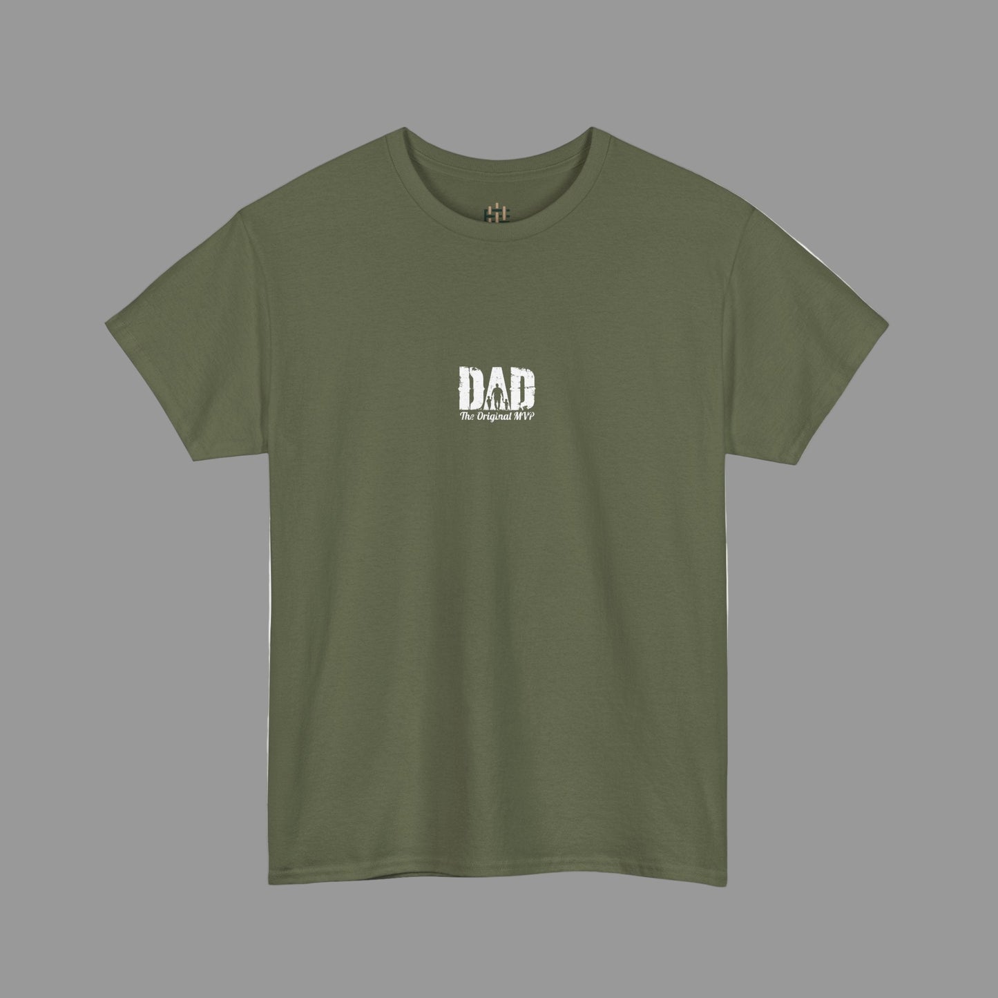 Green t-shirt with 'DAD' text on a white background