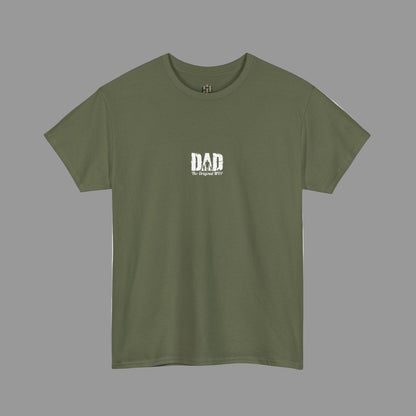 Green t-shirt with 'DAD' text on a white background
