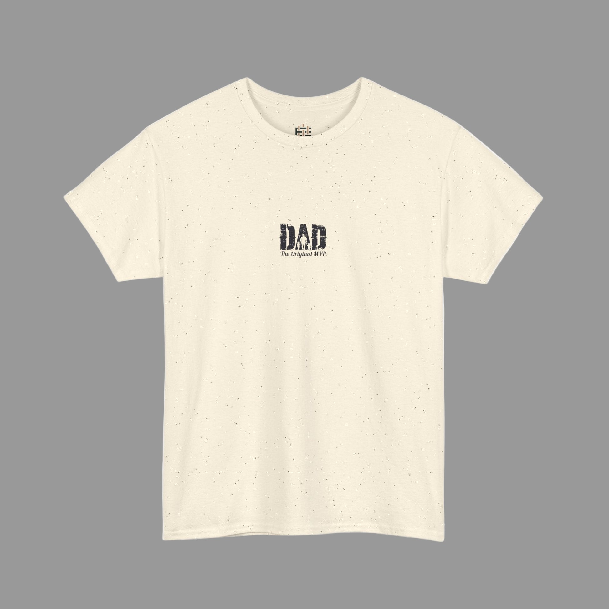 Beige t-shirt with 'DAD' text on a white background