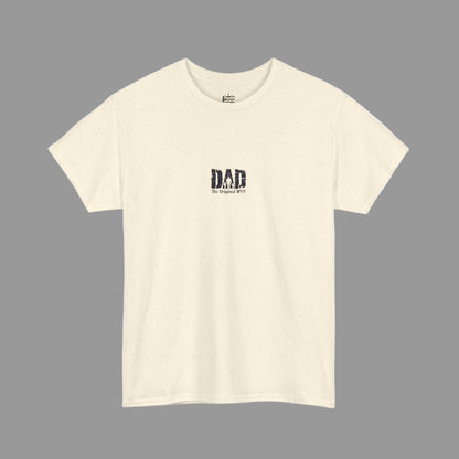 Beige t-shirt with 'DAD' text on a white background