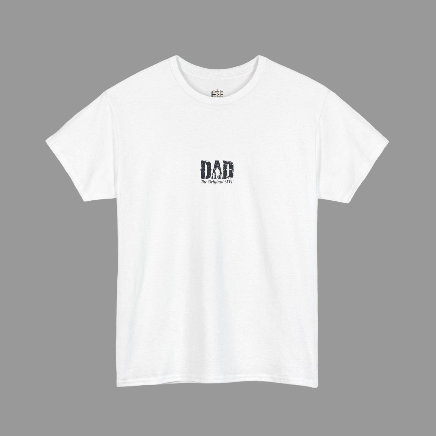 White t-shirt with 'DAD' text on a white background