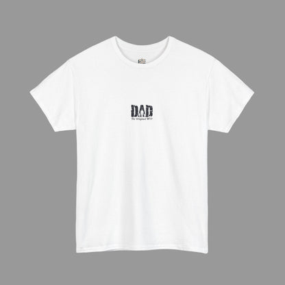 White t-shirt with 'DAD' text on a white background