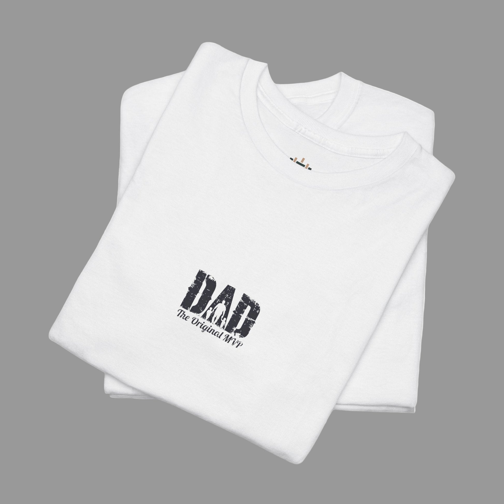 White t-shirt with 'DAD The Original MVP' text on a white background