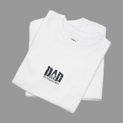 White t-shirt with 'DAD The Original MVP' text on a white background