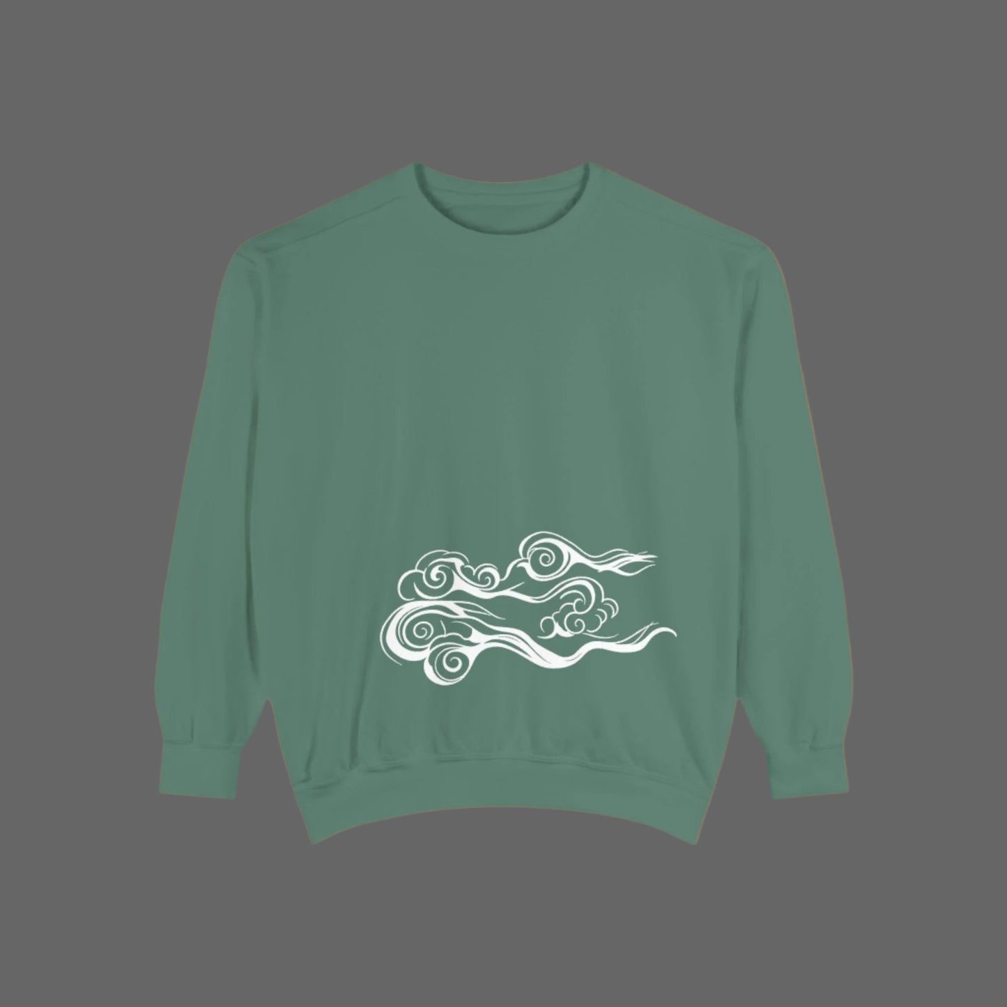 A person wearing a white garment-dyed sweatshirt with a unique blue wave design on the back.