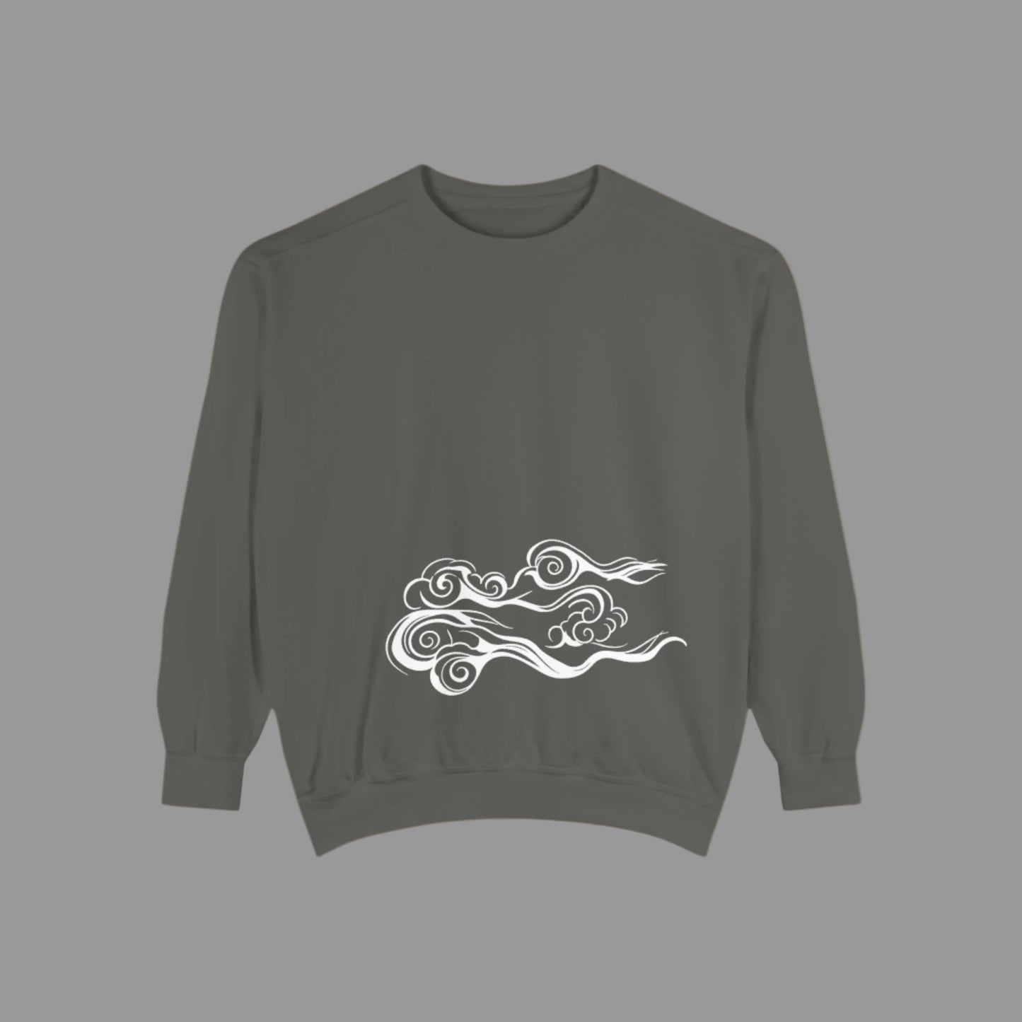 A person wearing a white garment-dyed sweatshirt with a unique blue wave design on the back.