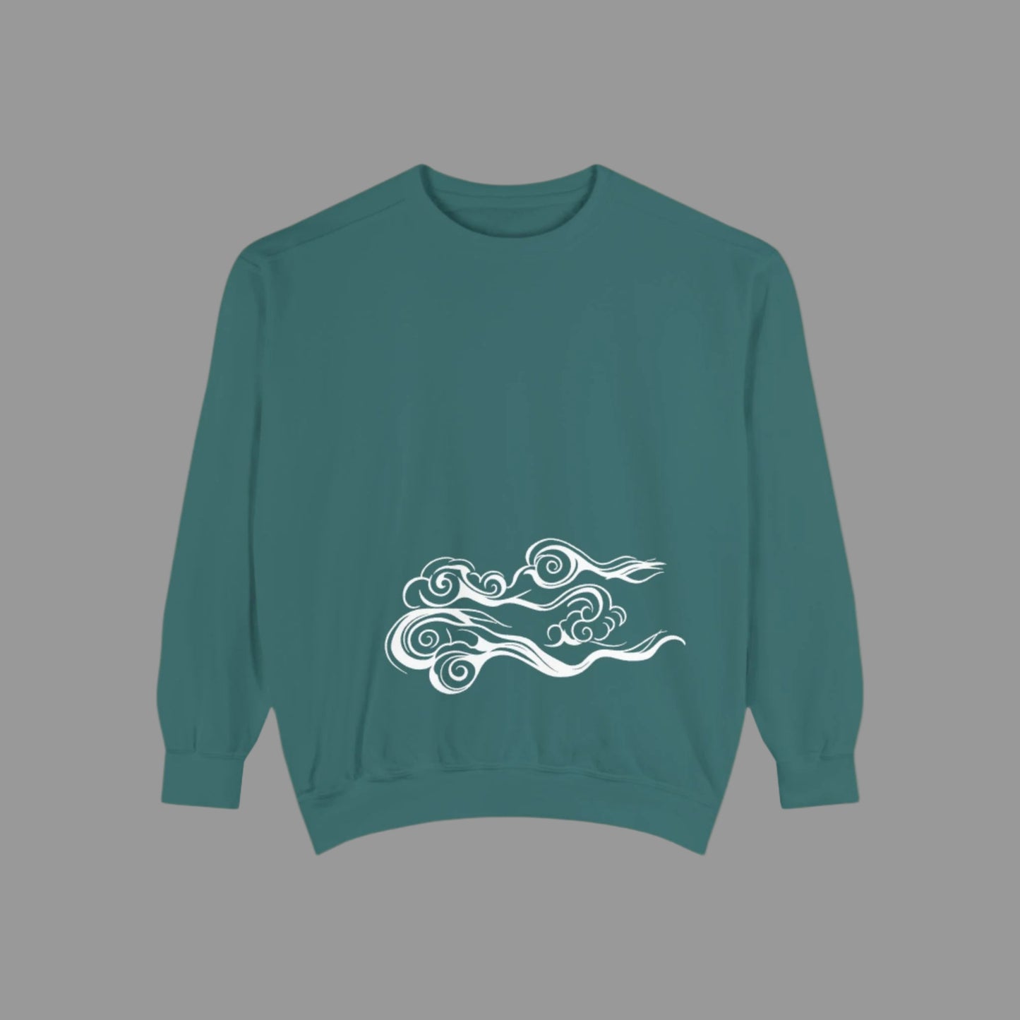 A person wearing a white garment-dyed sweatshirt with a unique blue wave design on the back.