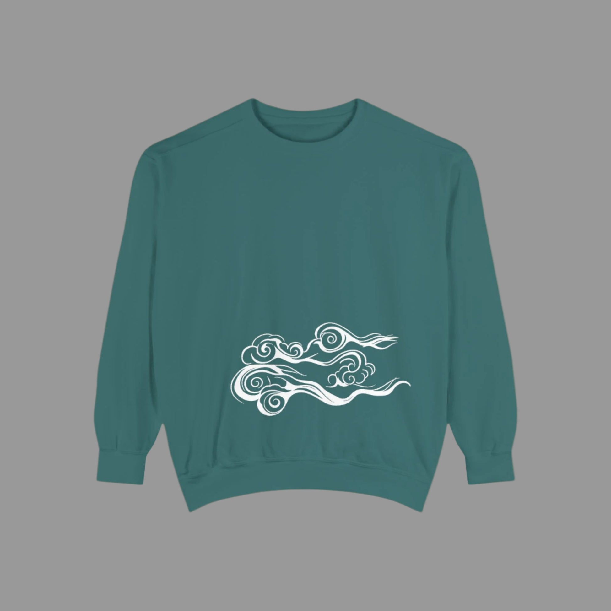 A person wearing a white garment-dyed sweatshirt with a unique blue wave design on the back.