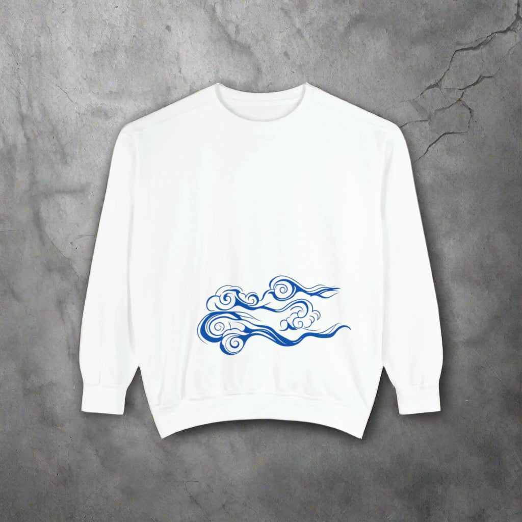 White sweatshirt with blue abstract design on a white background