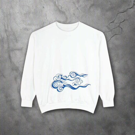 White sweatshirt with blue abstract design on a white background