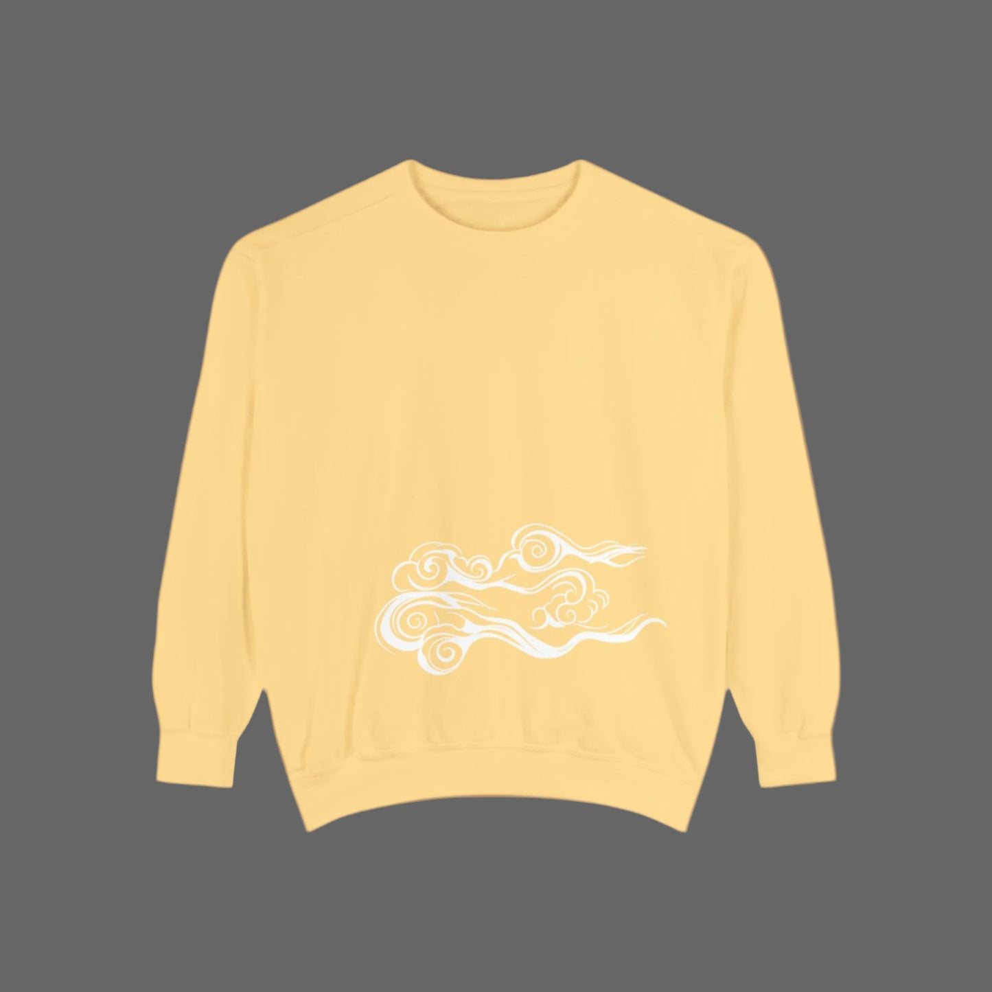 A person wearing a white garment-dyed sweatshirt with a unique blue wave design on the back.