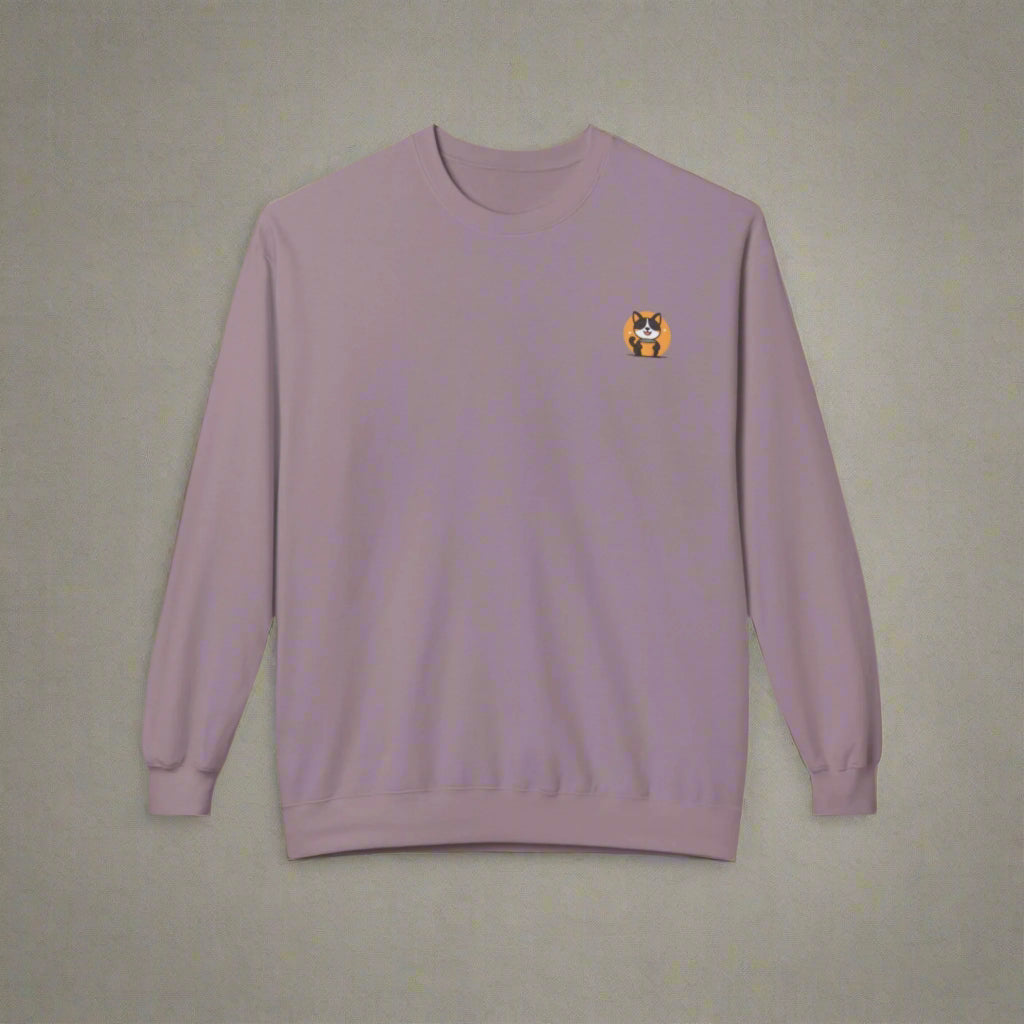 Purple sweatshirt with a small logo on the chest against a white background