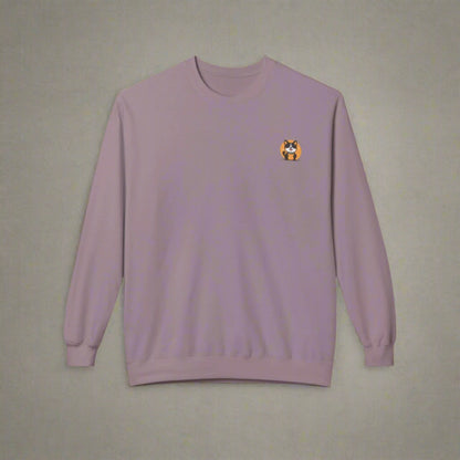 Purple sweatshirt with a small logo on the chest against a white background